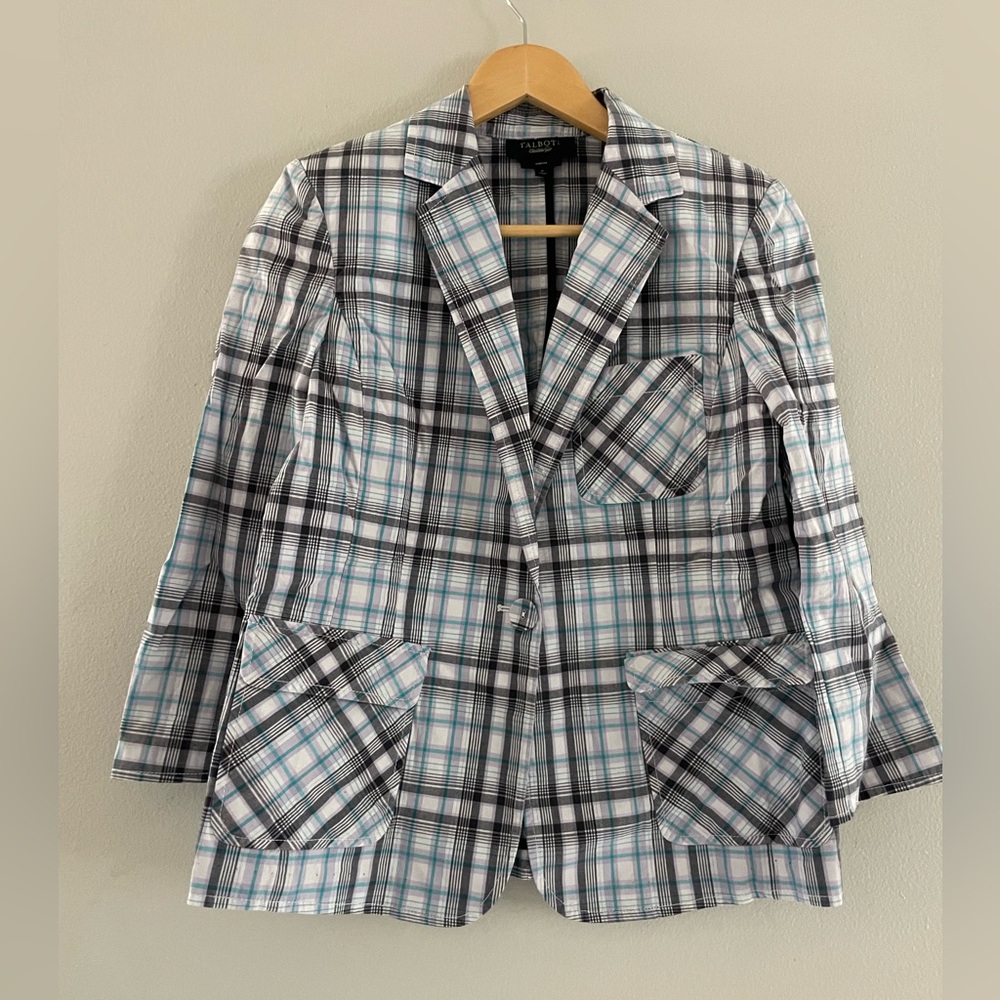 Talbots Blue, White & Black Plaid Cotton Blazer